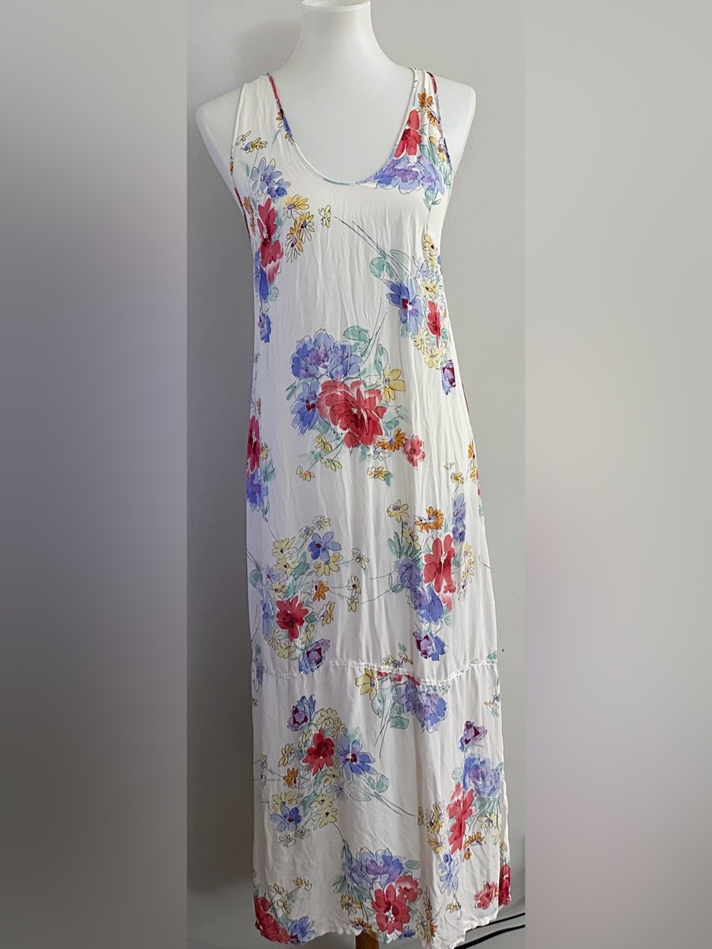 90s Vintage Y2K Silk White Floral Midu Maxi Dress Boho Chic Fairy Cottagecore